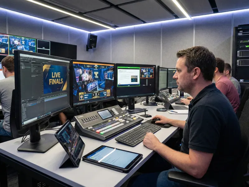 Réalisateur vidéo en régie effectuant l'habillage graphique en direct