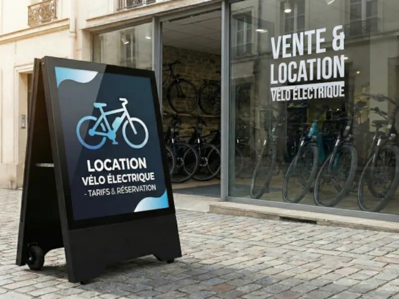 Clients regardant vitrine affichage dynamique stop trottoir